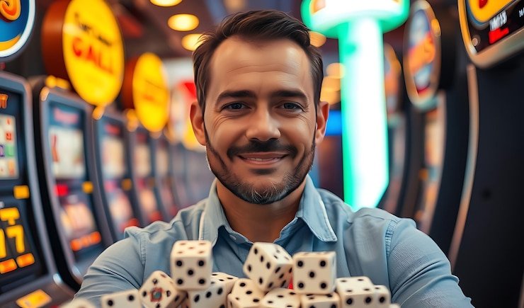 Live dealer opening dice shaker to reveal three dice outcome
